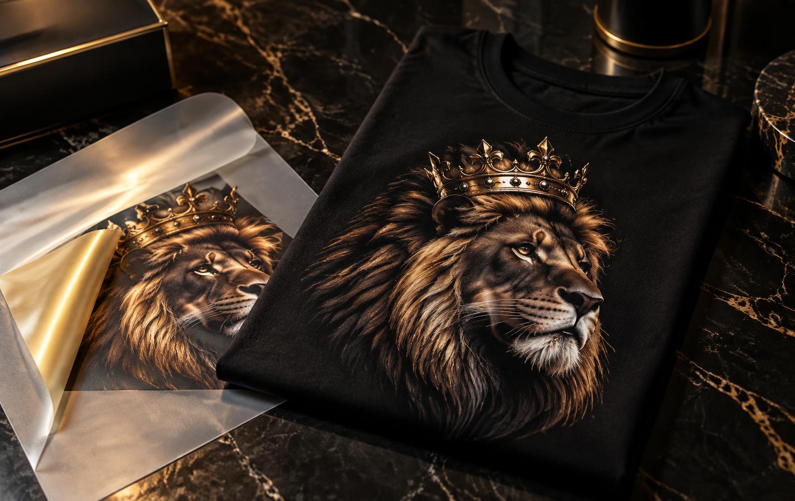 Black tee with a crowned lion DTF print beside its gold transfer film
